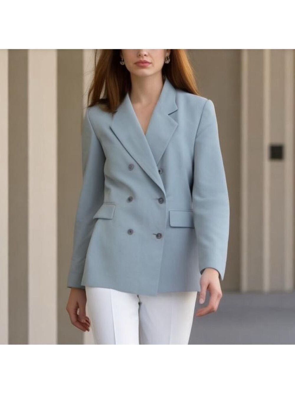 80s A+ELLEN LINEN BLEND BLUE DBL BREASTED BLAZER CLASSIC PREPPY NAUTICAL SZ 14